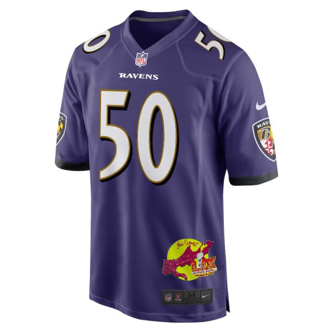 Adisa Isaac 50 Baltimore Ravens Super Bowl LIX New Orleans Patch Game Men Jersey - Purple - Image 3
