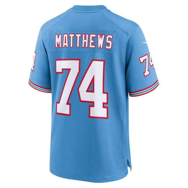 Bruce 74 Matthews Tennessee Titans Men Oilers Throwback Retired Game Jersey - Light Blue - Image 3