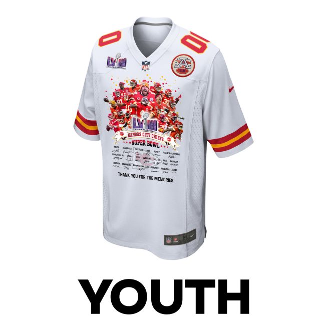 Kansas City Chiefs Super Bowl LVIII Thanks For Memories Game Custom YOUTH Jersey - White - Image 3