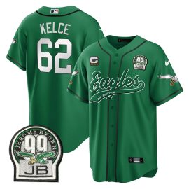 Jason Kelce 62 Philadelphia Eagles Jerome Brown Retired Patch Baseball Men Jersey - Kelly Green