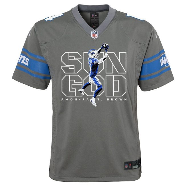 Amon-Ra St. Brown 14 Detroit Lions Sun God Game YOUTH Jersey - Silver - Image 2