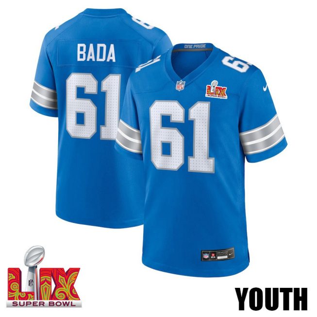 David Bada #61 Detroit Lions Super Bowl LIX YOUTH Jersey - Blue