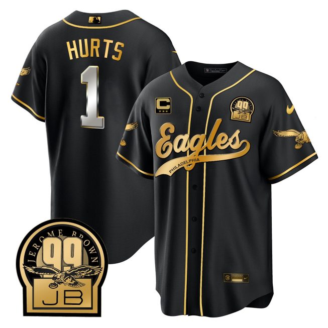 Jalen Hurts 1 Philadelphia Eagles Jerome Brown Retired Patch Baseball Men Jersey - Black Limited