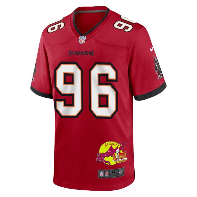Greg Gaines 96 Tampa Bay Buccaneers Super Bowl LIX New Orleans Patch Game Men Jersey - Red - Image 3