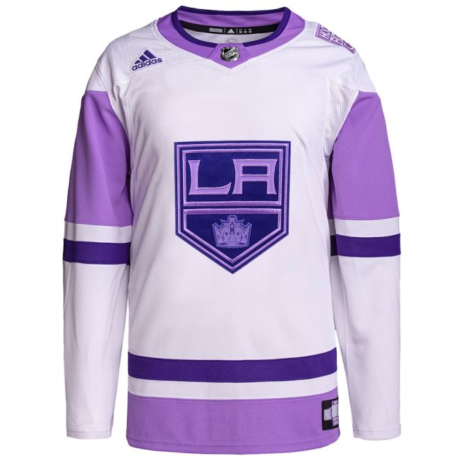 Los Angeles Kings Hockey Fights Cancer Primegreen Men Jersey - White/Purple - Image 2