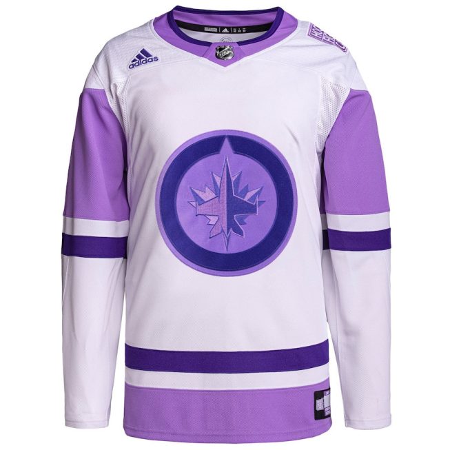 Winnipeg Jets Hockey Fights Cancer Primegreen Custom Men Jersey - White/Purple - Image 2