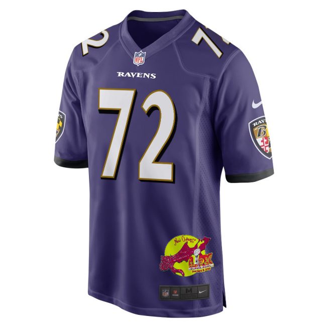 Andrew Vorhees 72 Baltimore Ravens Super Bowl LIX New Orleans Patch Game Men Jersey - Purple - Image 3