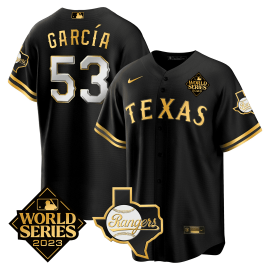 Adolis Garcia 53 Texas Rangers 2023 World Series & Texas State Patch Men Jersey - Black Gold V2
