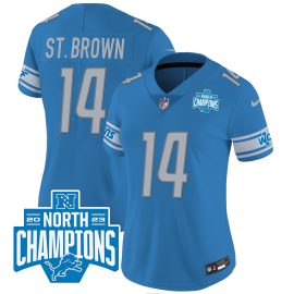 Amon-Ra St. Brown 14 Detroit Lions 2023 NFC North Division Champions Patch Women Game Jersey - Blue