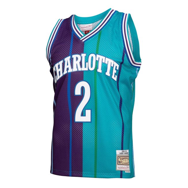 Larry Johnson Charlotte Hornets Mitchell & Ness Hardwood Classics Mitchell & Ness Split Swingman Jersey - Teal/Purple - Image 2