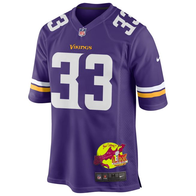 Aaron Jones Sr. 33 Minnesota Vikings Super Bowl LIX New Orleans Patch Game Men Jersey - Purple - Image 3