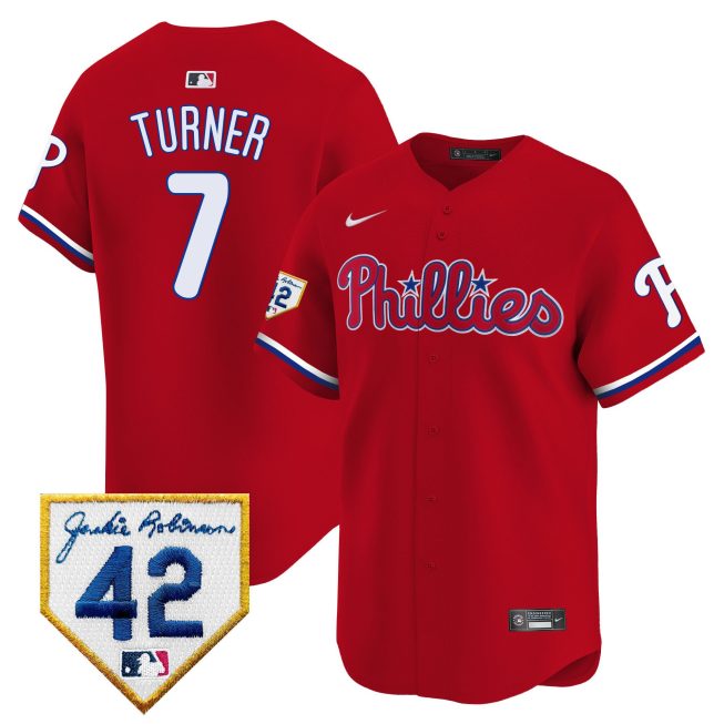 Trea Turner 7 Philadelphia Phillies 2024 Jackie Robinson Patch Men Jersey - Red