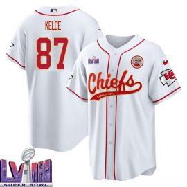 Travis Kelce 87 Kansas City Chiefs Super Bowl LVIII Baseball Men Jersey - White