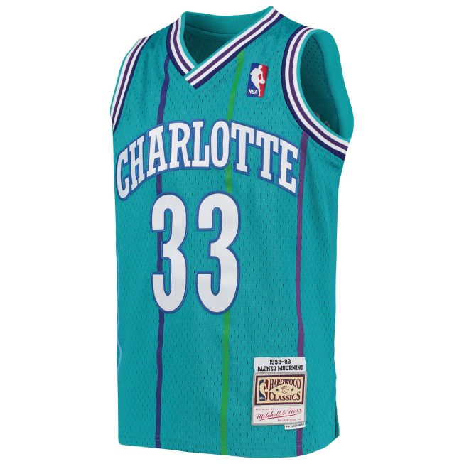Alonzo Mourning Charlotte Hornets Mitchell & Ness Youth 1992/93 Hardwood Classics Swingman Jersey - Teal - Image 2