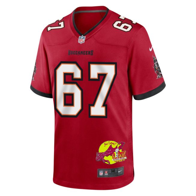 Luke Goedeke 67 Tampa Bay Buccaneers Super Bowl LIX New Orleans Patch Game Men Jersey - Red - Image 3