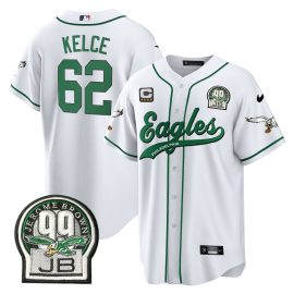 Jason Kelce 62 Philadelphia Eagles Jerome Brown Retired Patch Baseball Men Jersey - White