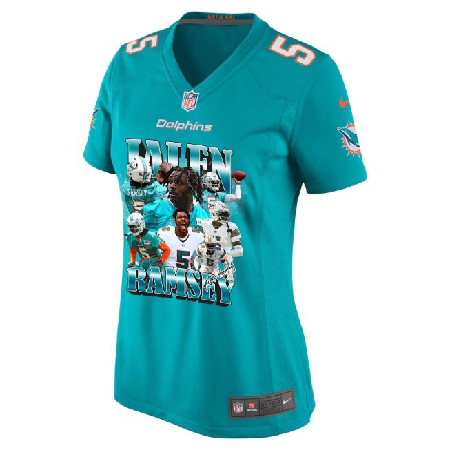 Jalen Ramsey 5 Signed Miami Dolphins Game Women Jersey - Aqua V2 - Image 2