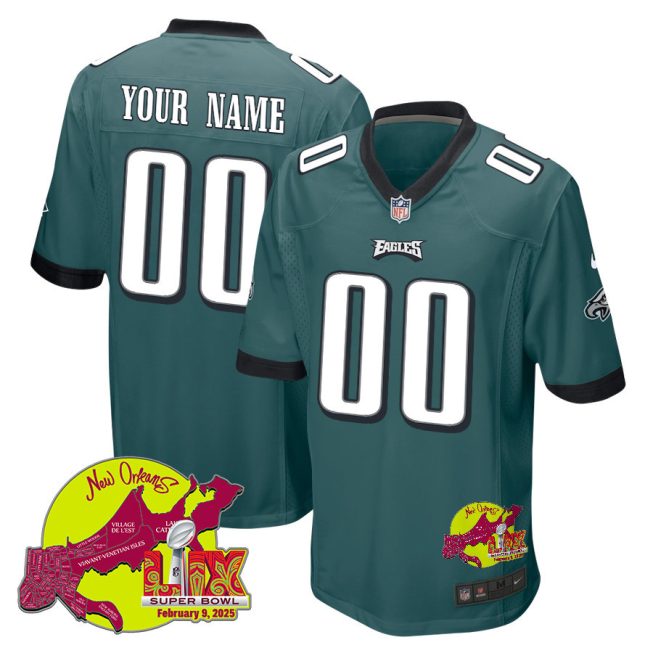Philadelphia Eagles Super Bowl LIX New Orleans Patch Game Men Custom Jersey - Midnight Green