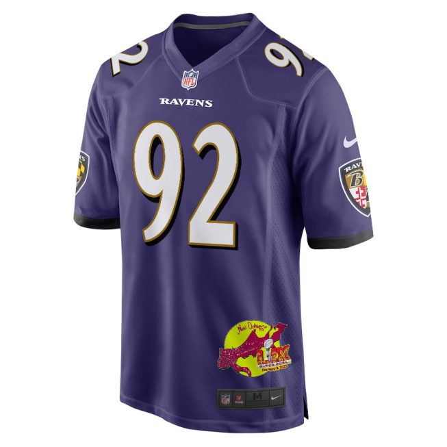 Nnamdi Madubuike 92 Baltimore Ravens Super Bowl LIX New Orleans Patch Game Men Jersey - Purple - Image 3