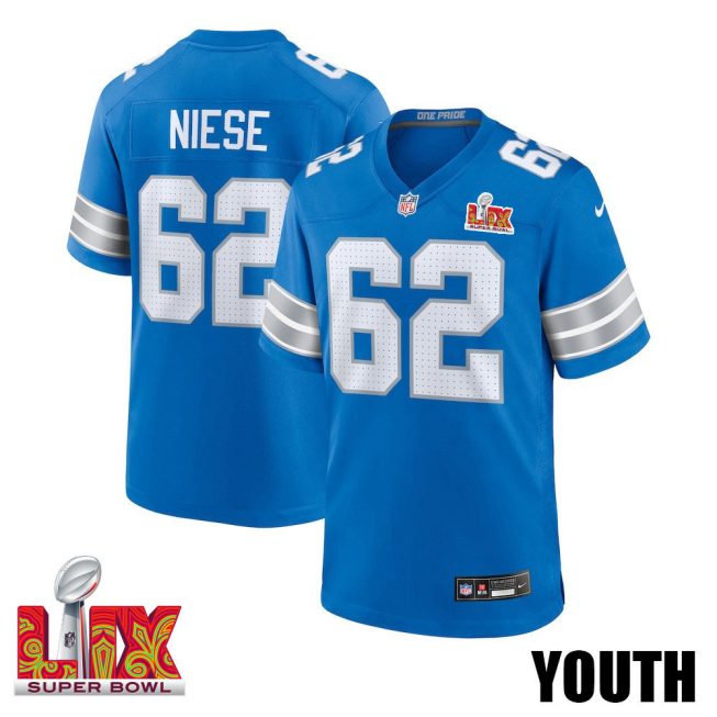 Michael Niese #62 Detroit Lions Super Bowl LIX YOUTH Jersey - Blue