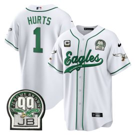 Jalen Hurts 1 Philadelphia Eagles Jerome Brown Retired Patch Baseball Men Jersey - White