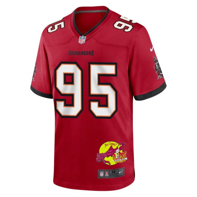 C.J. Brewer 95 Tampa Bay Buccaneers Super Bowl LIX New Orleans Patch Game Men Jersey - Red - Image 3