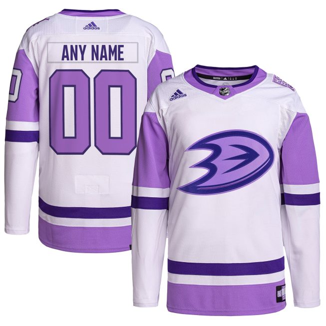 Anaheim Ducks Hockey Fights Cancer Primegreen Authentic Custom Jersey - White/Purple