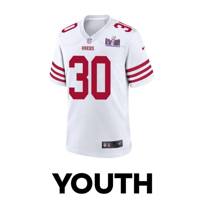 George Odum 30 San Francisco 49ers Super Bowl LVIII Patch Game YOUTH Jersey - White - Image 2