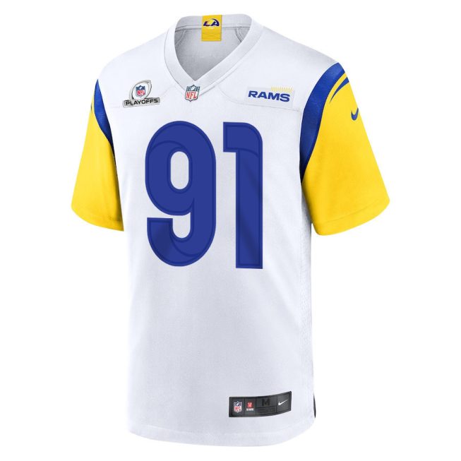 Kobie Turner 91 Los Angeles Rams 2023 Playoffs Patch Game Men Jersey - White - Image 2