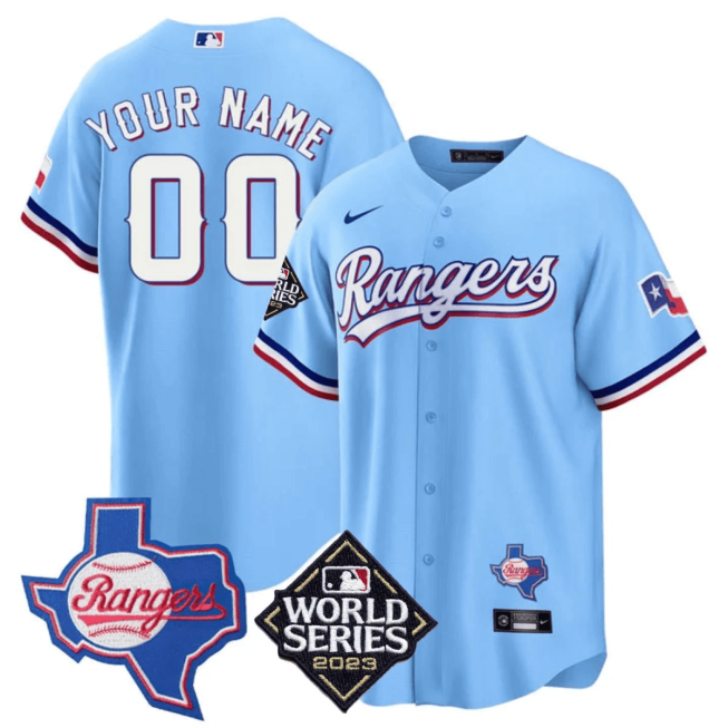Texas Rangers 2023 World Series & Texas State Patch Men Custom Jersey - Blue