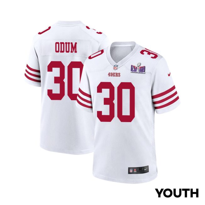 George Odum 30 San Francisco 49ers Super Bowl LVIII Patch Game YOUTH Jersey - White