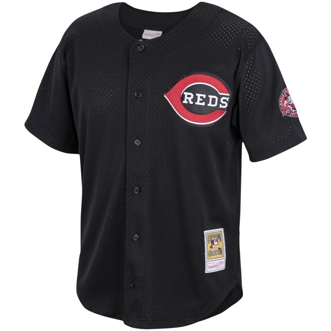 Barry Larkin Cincinnati Reds Mitchell & Ness Cooperstown Collection Mesh Batting Practice Button-Up Jersey - Black - Image 2
