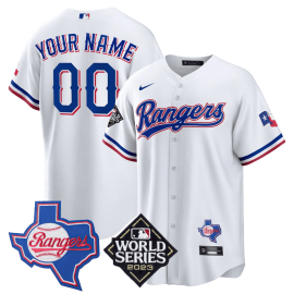 Texas Rangers 2023 World Series & Texas State Patch Men Custom Jersey - White