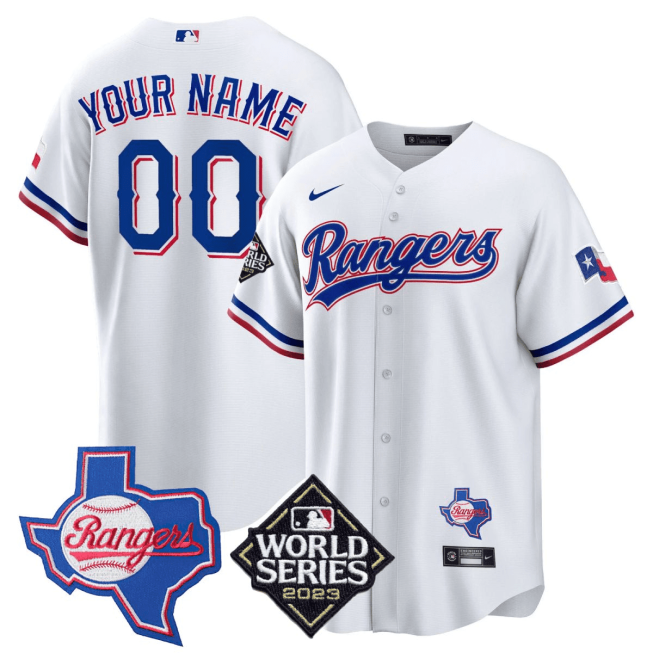 Texas Rangers 2023 World Series & Texas State Patch Men Custom Jersey - White