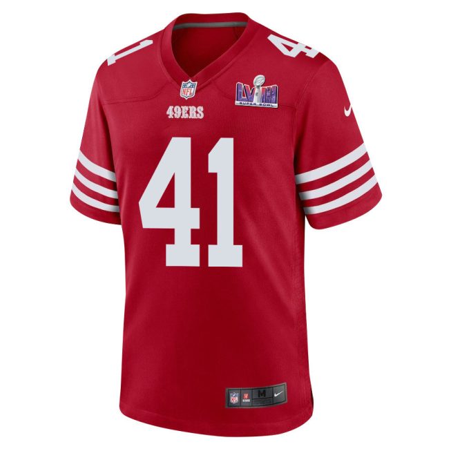 Tayler Hawkins 41 San Francisco 49ers Super Bowl LVIII Patch Game Men Jersey - Scarlet - Image 2