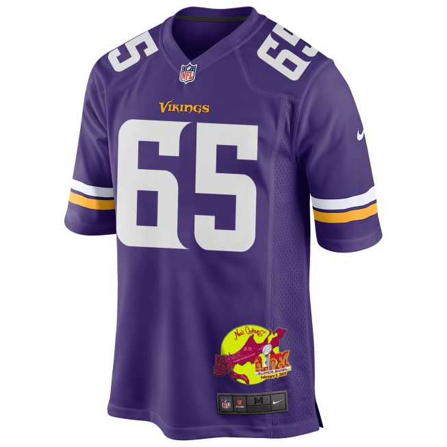 Michael Jurgens 65 Minnesota Vikings Super Bowl LIX New Orleans Patch Game Men Jersey - Purple - Image 3
