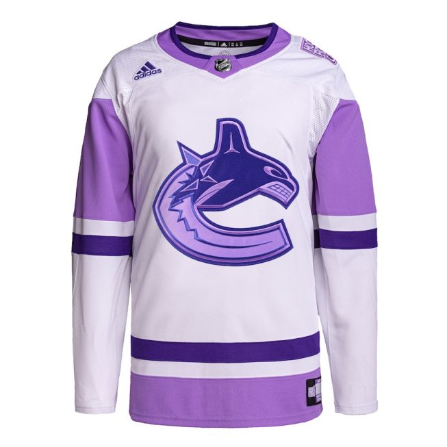 Vancouver Canucks Hockey Fights Cancer Primegreen Men Jersey - White/Purple - Image 2