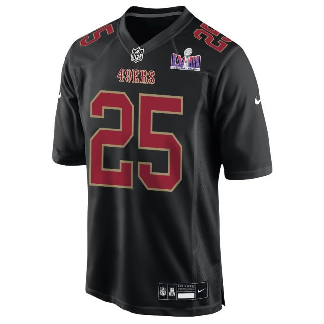 Elijah Mitchell 25 San Francisco 49ers Super Bowl LVIII Patch Fashion Game Men Jersey - Carbon Black - Image 2