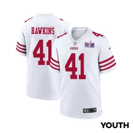 Tayler Hawkins 41 San Francisco 49ers Super Bowl LVIII Patch Game YOUTH Jersey - White