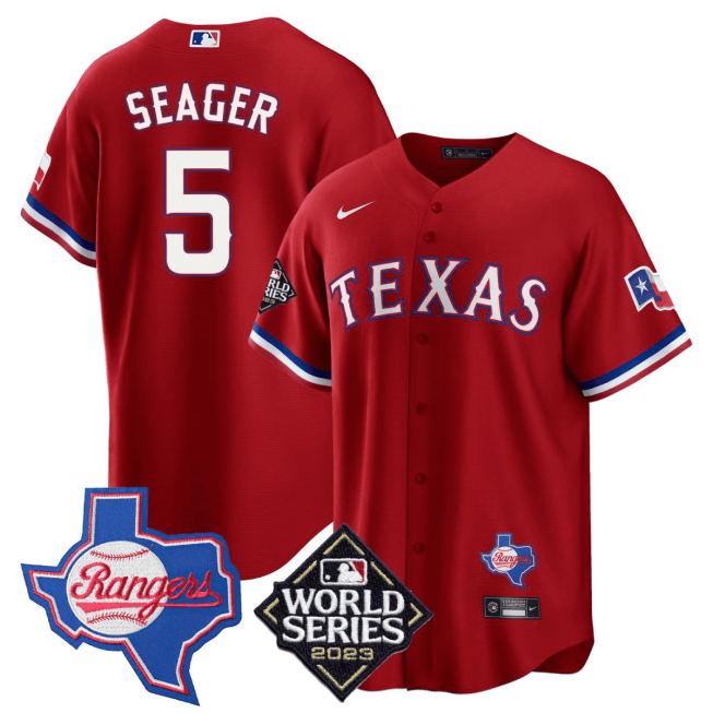 Corey Seager 5 Texas Rangers 2023 World Series & Texas State Patch Men Jersey - Red