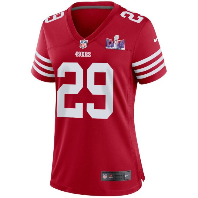 Talanoa Hufanga 29 San Francisco 49ers Super Bowl LVIII Patch Game Women Jersey - Scarlet - Image 2