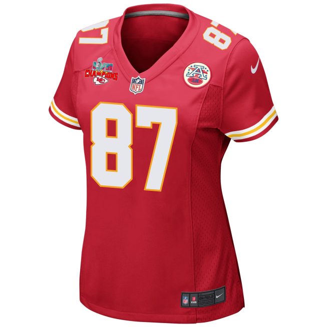 Travis Kelce 87 Kansas City Chiefs Super Bowl LVII Champions 3 Stars Women Game Jersey - Red - Image 3