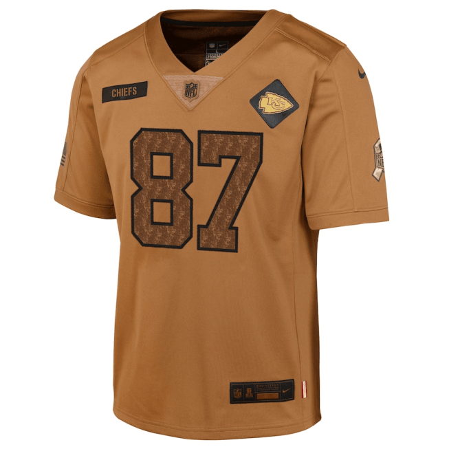 Travis Kelce 87 Kansas City Chiefs 2023 Salute To Service Limited YOUTH Jersey - Brown - Image 2