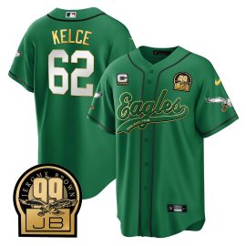 Jason Kelce 62 Philadelphia Eagles Jerome Brown Retired Patch Baseball Men Jersey - Kelly Green Gold Trim