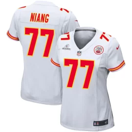 Lucas Niang 77 Kansas City Chiefs Super Bowl LVIII Patch Game Women Jersey - White