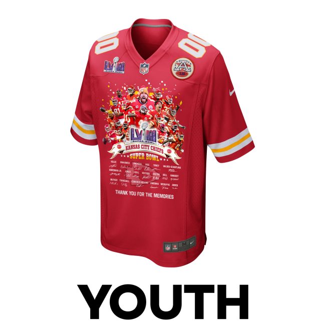 Kansas City Chiefs Super Bowl LVIII Thanks For Memories Game Custom YOUTH Jersey - Red - Image 3
