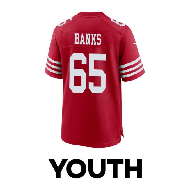 Aaron Banks 65 San Francisco 49ers Super Bowl LVIII Patch Game YOUTH Jersey - Scarlet - Image 3
