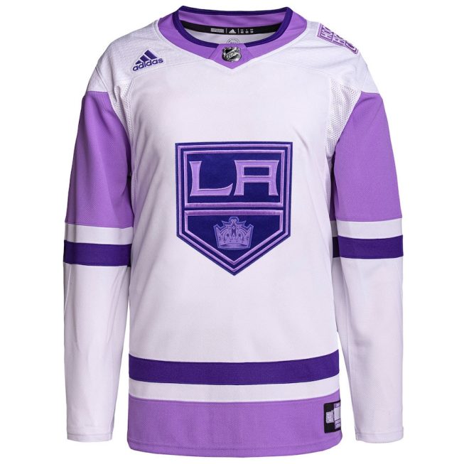 Los Angeles Kings Hockey Fights Cancer Primegreen Custom Men Jersey - White/Purple - Image 2