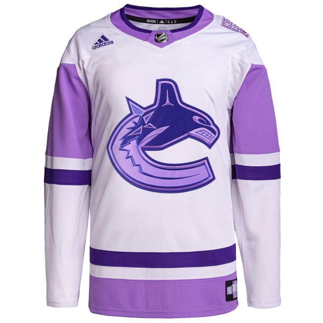Vancouver Canucks Hockey Fights Cancer Primegreen Authentic Custom Jersey - White/Purple - Image 2
