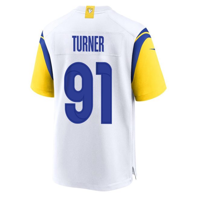 Kobie Turner 91 Los Angeles Rams 2023 Playoffs Patch Game Men Jersey - White - Image 3